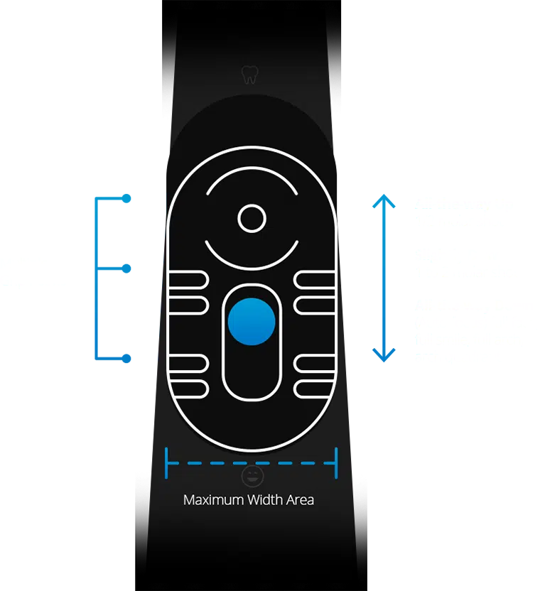 Diagram of the Claris i5HD slide-focus control area, showing the maximum reach of the ambidextrous slide