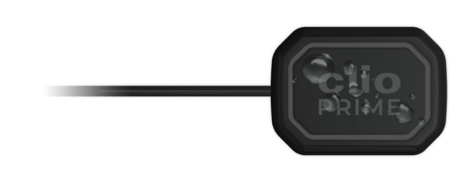 Water droplets beaded on the sealed Clio Prime capsule, demonstrating IP68 water resistance